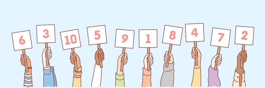 Hands with numbers set concept. Collection of men and women hands holding cards with numbers in random order. Amount of scores in competition or tournament. Votes of judges. Simple vector illustration