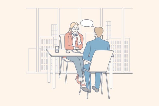 Meeting, interview, service, hr, business concept. Businesspeople businesswoman, man employer employee clerk hr manager boss company workers communicate in office together. Insurance service. Vector