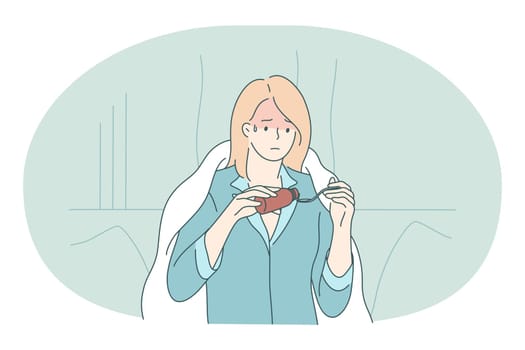 Cold, flu, feeling ill and infection concept. Unhappy young girl cartoon character pouring drug into spoon, feeling sick and fever under blanket at home. Influenza, virus, fever illustration