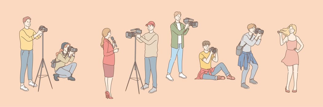 Set of photo and videographers, paparazzi, journalist concept. Photo, video shooting. Group of men women photographers and cameramen shooting video taking pictures. Model agency, tv reporter. Vector