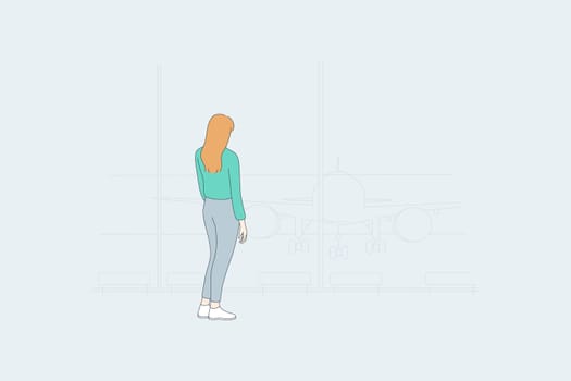 Aerophobia and psychological fears concept. Young scared woman cartoon character standing backwards and looking at parked airplane crafts from window vector illustration