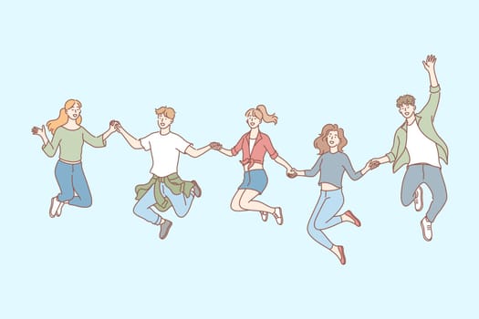 Jumping people, friendship, leisure set concept. Young jumping happy people, men and women, boys and girls, teenagers students together holding hands. Happiness and joy lifestyle. Simple flat vector