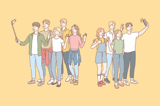 Selfie, social media, friendship, blogging concept. Group of young people students pupils teenagers friends men and women, boys and girls taking selfie for social media on mobile phones. Simple vector