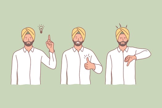 Hindu, idea, like, dislike set concept. Excited hindu in turban got genius idea. Happy hindoo man shows like sign. Angry disappointed guy indian shows dislike. Emotional collection Simple flat vector