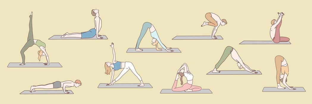 Set of people doing yoga concept. Group of young boys and girls are standing in yoga posture or asana. Men and women use different asanas to reach harmony and healthcare. Simple flat vector