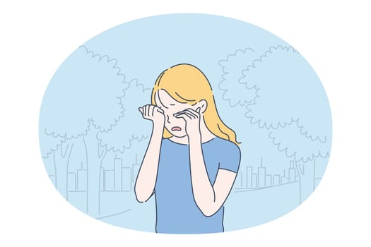 Grief, Depression, tears concept. Small unhappy girl cartoon character standing outdoors and touching eyes while crying and feeling totally depressed with something vector illustration
