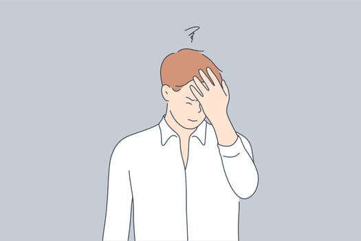 Emotion, face, expression, frustration, despair, stupidity, remember concept. Young unhappy sad man guy character standng with hand on head for mistake or remembering error. Headache or bad memory.