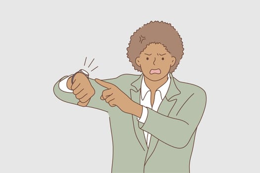 Business, face, expression, wait, emotion concept. Young worried unhappy african american businessman guy clerk manager hurry and pointing to watch time. Impatience and deadline delay illustration.