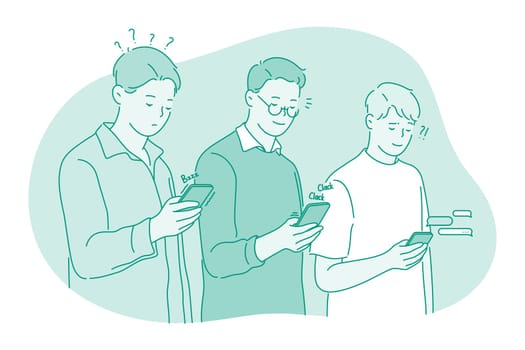 Smartphone, online communication, chat concept. Young men standing with smartphone in hands, chatting, searching information in internet, calling, dating or communicating online