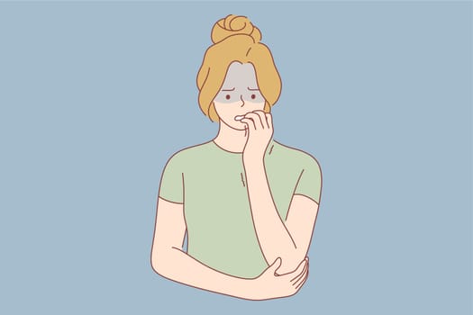 Emotion, face, expression, problem, mental stress, worry, depression, anxiety concept. Young anxious worried woman girl teenager charater looking stressed and nervous with hands on mouth biting nails.