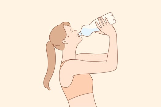Sport, recreation, break, drink concept. Young thirsty woman or girl athlete cartoon character drinking water for refreshment after jogging. Active lifetyle recreation and summer heat illustration.