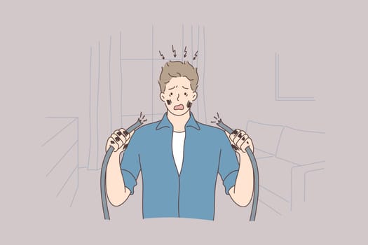 Health, care, danger, repair, electricity concept. Young man guy getting electric shock connecting broken electrical cables at home. Domestic accident electrocution dangerous occupation illustration.