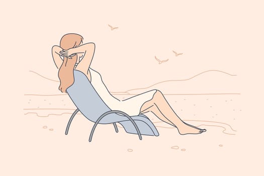 Vacation, holiday, rest, tourism, relaxation concept. Young tired relaxed woman girl tourist sitting lying in lounge chair on sea beach. Summer recreation or leisure time on ocean resort illustration.
