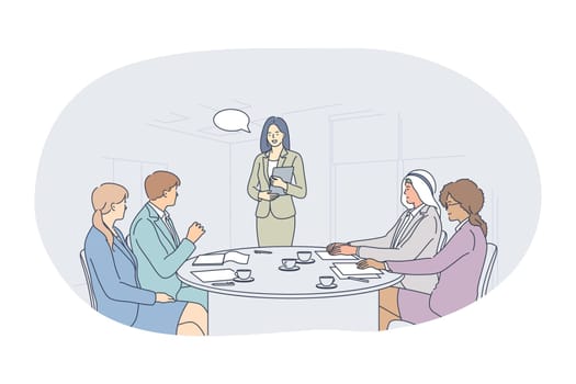 Teamwork, cooperation, international partnership concept. Young business people office workers partners cartoon characters multiethnic group discussing projects in office illustration