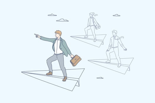 Team, leadership, goal, motivation, business concept. Team of young business people clerks managers flies on paper plane together. Businessman leader stands on plane, points direction forward to goal.
