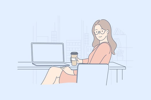 Businesswoman manager in office, lunch, leisure concept. Young happy businesswoman or girl clerk manager, boss sittion on workplace near laptop with plastic cup of coffee. Business advertising. Vector
