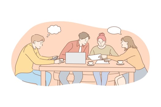 Meeting, coworking, cooperation, business concept. Team, business people businessmen women partners coworkers collaborate together. Office meeting. Teamwork planning strategy or brainstorming.
