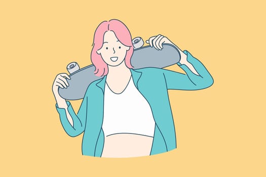 Sport, skateboarding, hobby, active lifestyle concept. Young happy modern smiling woman hipster girl teenager stands with skateboard looks straight at camera. Vector illustration