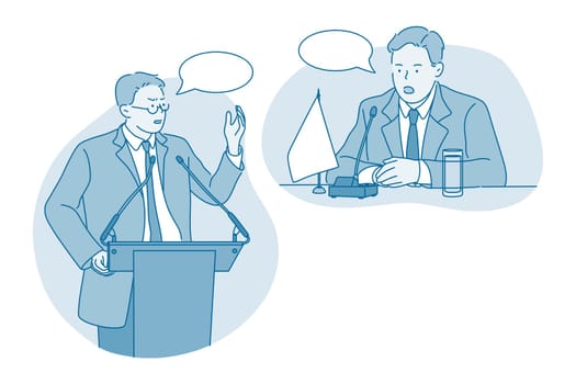 Politician, public speaker, orator concept. Serious young man congressman political candidate cartoon character standing on tribune making presentation for audience vector illustration