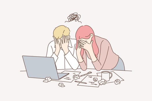 Business team, stress, depression, frustration, failure concept. Teamwork young businesspeople businessman woman coworkers cover faces in office together. Project failure.