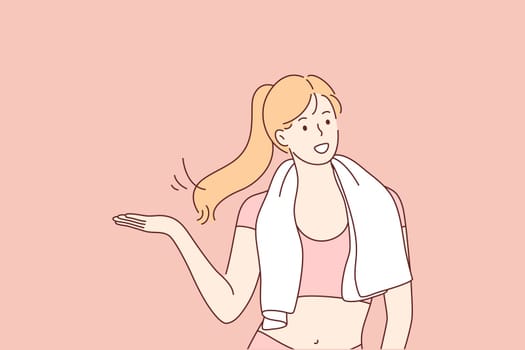 Sport, fitness, healthcare concept. Young happy smiling woman girl in sport suit with towel in good shape after activity workout session. Healthy lifestyle illustration.