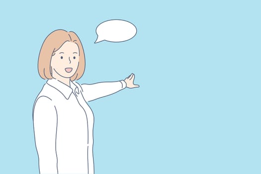 Business, presentation, training advertising concept. Young happy businesswoman office clerk manager employee cartoon character demonstrates showcase. Preview of project and commercial or promotion.