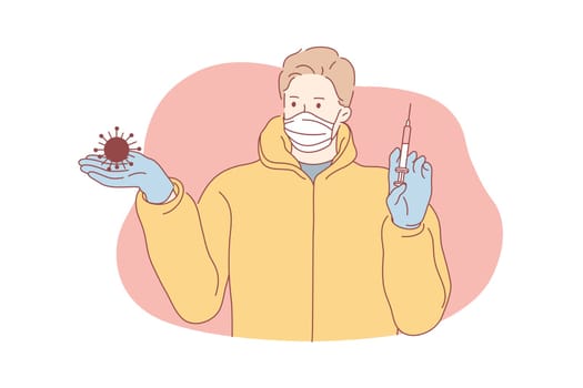 Coronavirus, vaccine, healthcare concept. Young man or boy cartoon character in medical face mask holding syringe with cure from COVID19 desease. 2019ncov infection influenza treatment illustration.