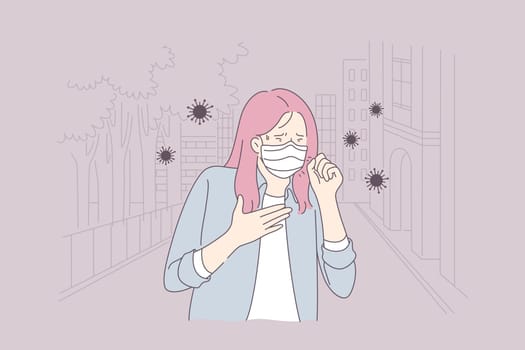 Biohazard, health, infection coronavirus concept. Young sick ill woman or girl cartoon character in medical face mask coughing sneezing. 2019ncov spread and COVID19 desease contamination.