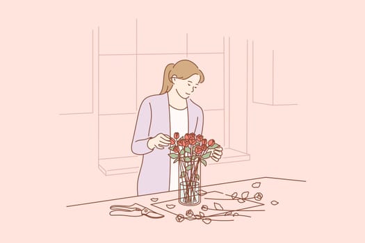 Floristics, business, decoration concept. Young happy smiling busineswoman girl florist cartoon character making bouquet of roses in flower shop for customer. Creative occupation in floral boutique.