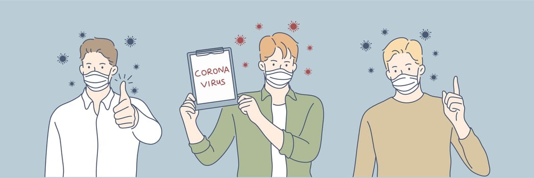 Coronavirus, medical mask, protection, health set concept. Group of men or boys with face medical masks. Protection from coronavirus, ncov19. COVID alert, quarantine. Health safety, contagious desease