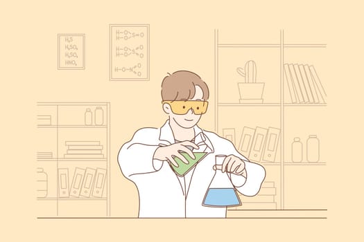 Science, chemistry, experiment concept. Young happy man scholar medical worker makes chemical reaction with reagents in laboratory. Scientific test, academic research or vaccine creation illustration.
