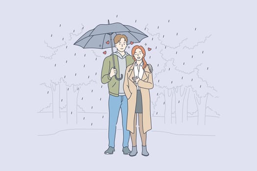 Love, relationship, romance concept. Young loving couple boyfriend and girfriend man and woman cartoon characters standing embraced with umbrella in rain vector. Romantic date in park illustration.