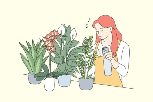 Decoration, care, floristics, business concept. Young happy woman girl florist pouring watering decorative houseplants in flower shop greenhouse. Home gardening or growing flowers hobby illustration.