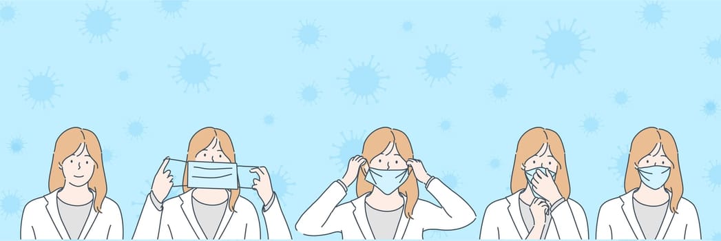 Coronavirus, protection, instruction medical mask, ncov, covid2019 set. Woman girl putting medical mask on face. Health protection tips. Prevention of coronavirus, ncov infection. Covid quarantine