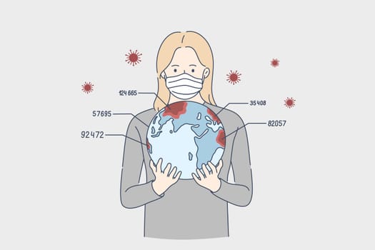 Report, biohazard, coronavirus, danger concept. Young woman cartoon character in medical face mask holding planet earth in hands. COVID19 desease and 2019ncov infection live data statistics vector.