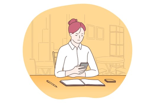 Smartphone, online communication, chatting concept. Young business lady sitting in office with smartphone, chatting, searching information in internet, calling and communicating online illustration