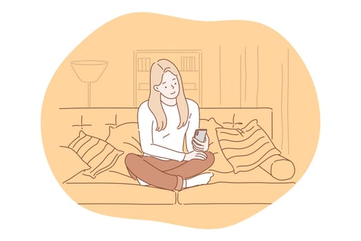 Smartphone, online communication, chatting concept. Young girl sitting at home with smartphone in hands, chatting, searching information in internet, calling, dating or communicating online