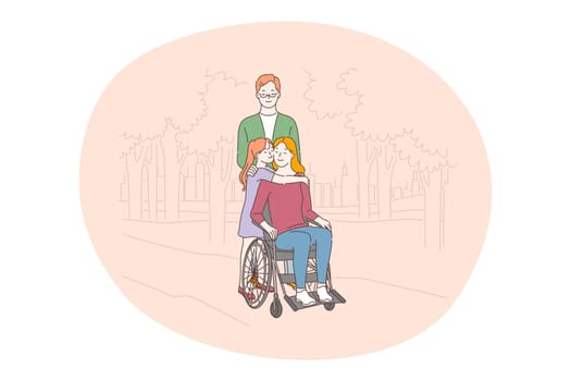 Disabled people on wheelchair living happy active lifestyle concept. Happy young woman mother on wheelchair enjoying company of her children during walk in park outdoors in summer illustration