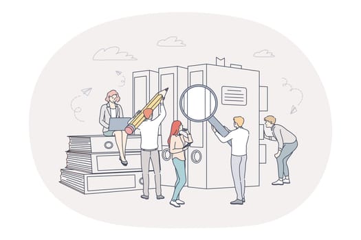 Finance, analytics, teamwork concept. People business partners workers cartoon characters analysing financial data and marketing information statistics together in office in team illustration