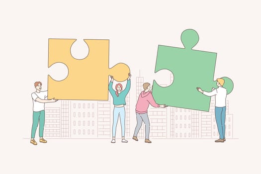 Teamwork, partnership, cooperation, business concept. Working enterprise collaboration mutual assistance. Team of businessmen woman partners coworkers collect jigsaw puzzles finding solution together.