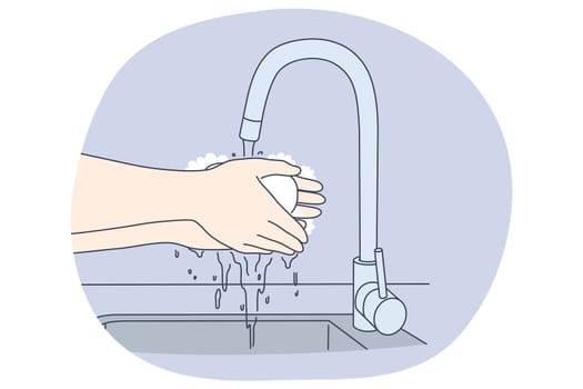 Washing hands, personal hygiene and protection from virus concept. Person washing hands properly with soap and hot water for protective care at home or in public place. Disinfection, protective care