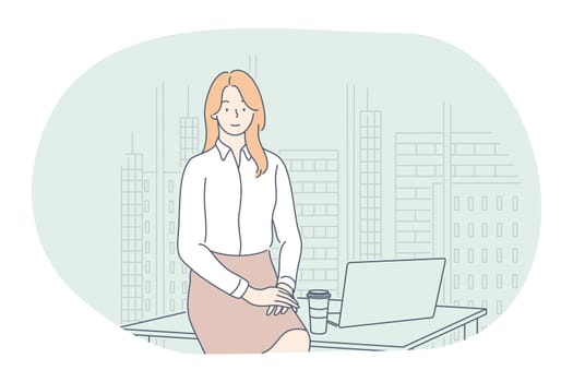 Working in office, modern company interior, online communication concept. Young smiling woman cartoon character sitting on workplace, working on notebook, communicating, thinking about work