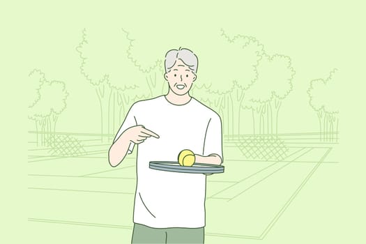 Old man playing tennis concept. Happy grandfather oldster senior citizen cartoon character standing with ball and racket game on court looking straight at camera. Sport recreation and active lifestyle