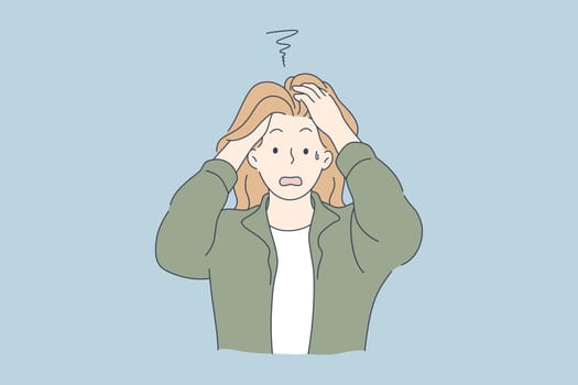 Despair, frustration, depression, mental stress concept. Stressed desperate frustrated young woman or girl covering head with hands. Negative emotions headache or migraine and bad news illustration.
