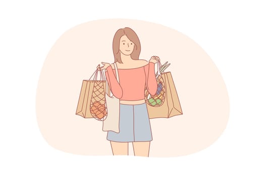 Recycling, shopping, ecology, food, zer waste concept. Young woman or girl cartoon character standing ecological bags with foodstuff. Care about environment eco friendly sorting garbage and recycling.