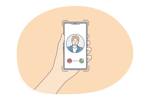 Online dating, using smartphone, communication concept. Female hands with smartphone choosing potential boyfriend and looking for profile in online dating application, getting call illustration
