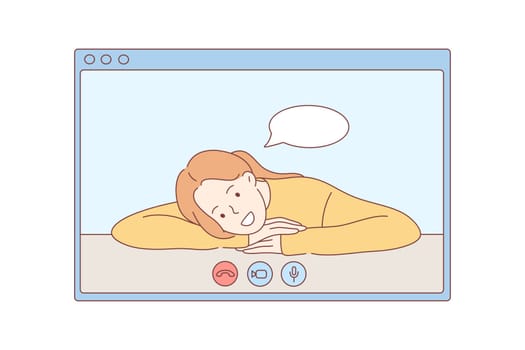Online, communication, quarantine, coronavirus concept. Woman girl cartoon character uses video call interface having remote meeting. Social distancing and working from home during covid19 lockdown.