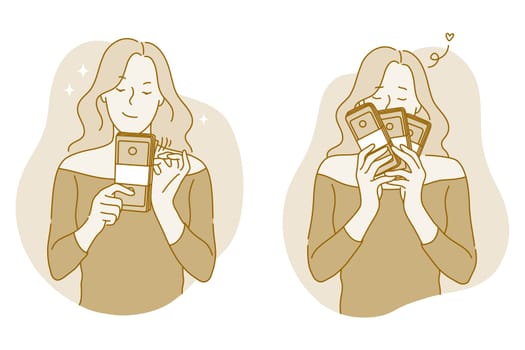 Money, wealth, jackpot concept. Young happy woman cartoon character holding stacks of cash currency in hands and smelling fresh bills fragrance, celebrating luck of earning great profit illustration