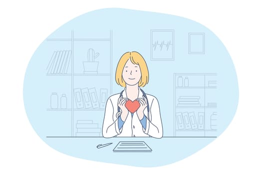 Health and medicare concept. Smiling Woman doctor in medical uniform sitting and holding red heart in hands as symbol of healthcare and assistance in medical clinic office vector illustration