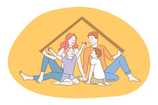 Happy family, parenthood, children concept. Young smiling parents and children family sitting under decorative roof, playing and having fun together. Togetherness, happiness, childhood illustration